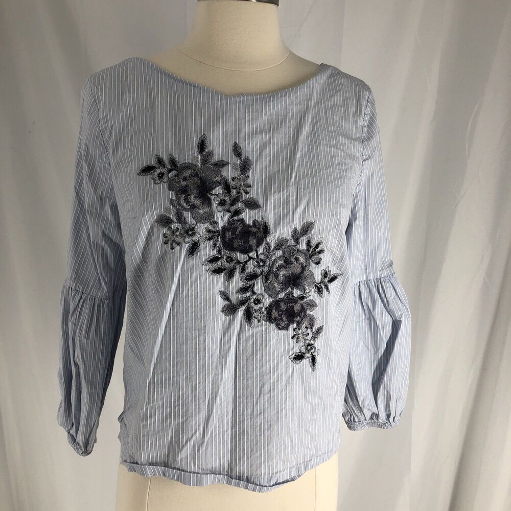 WHBM Embroidered Floral Striped Blouse 10